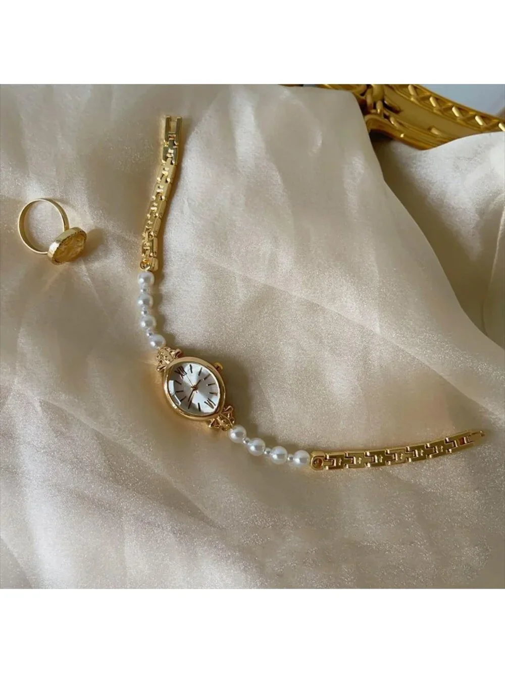 Women's Gold Oval Case Pearl Bracelet Roman Numeral Dial Quartz Wrist Watches